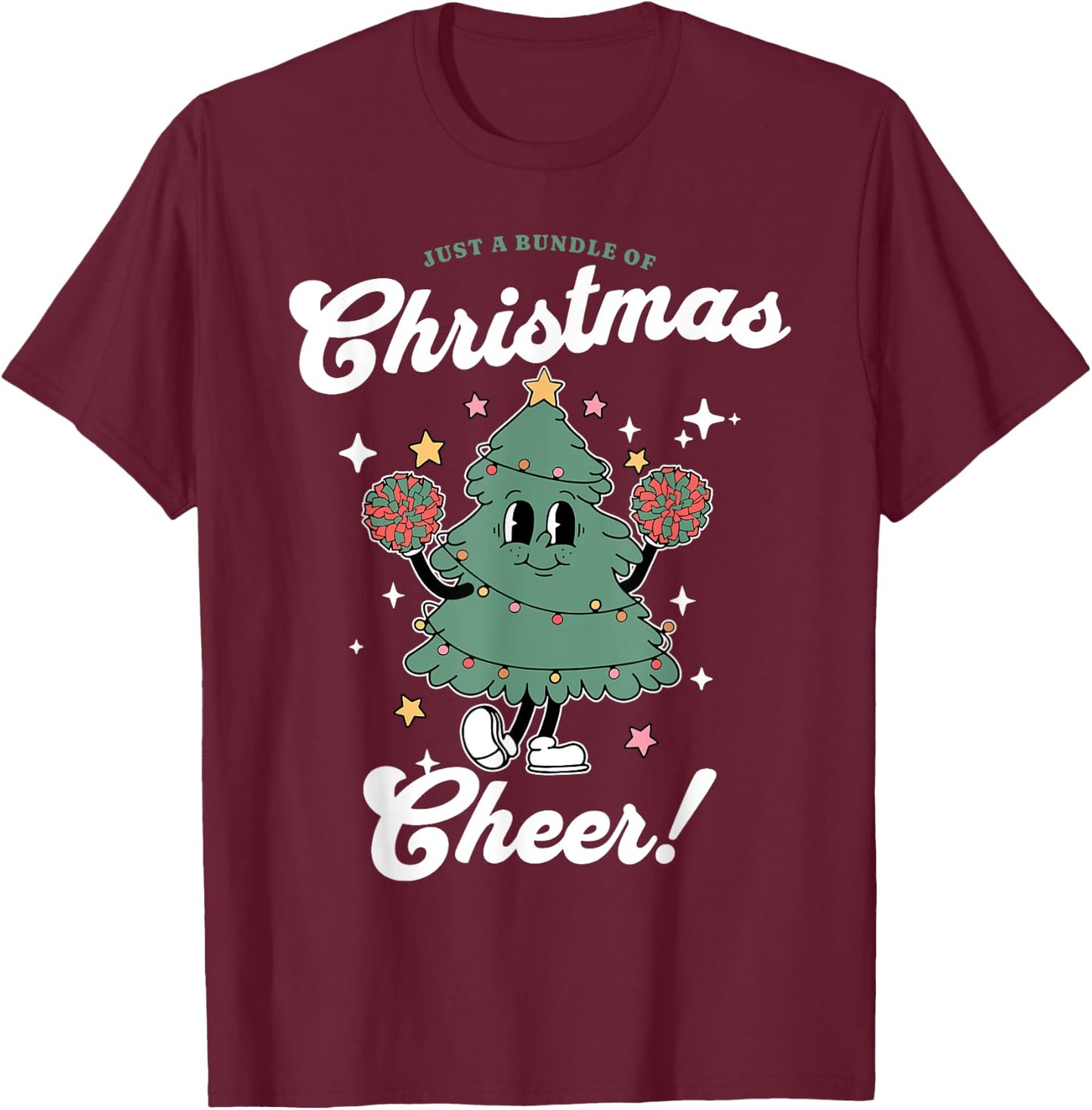 Cheerleader Cute Christmas Tree Cheerleading Women's -Adults, Girls Black Small Classic Fit Christmas Tree Holiday T-Shirt - T-Shirt | Maroon