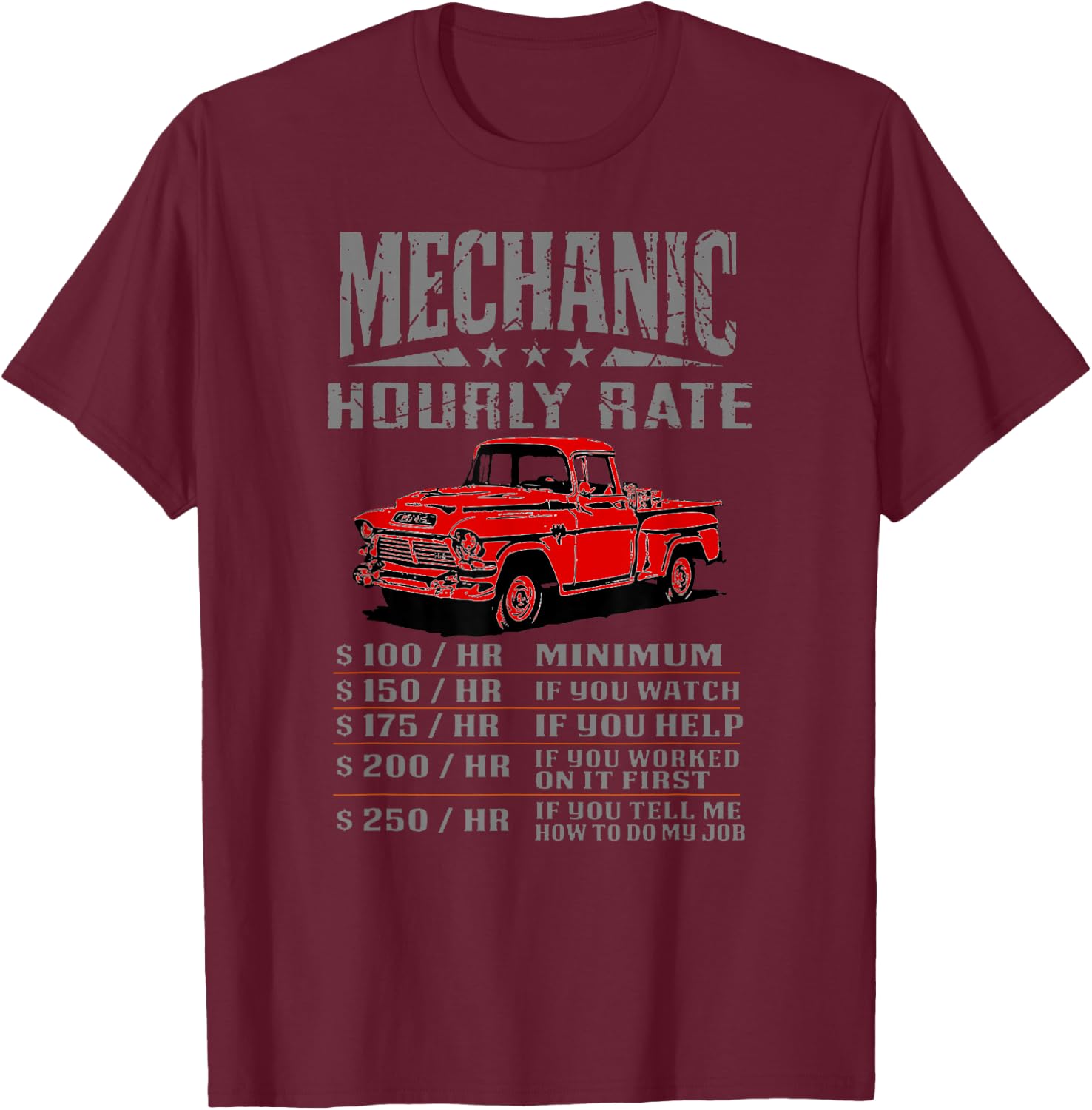 Funny Auto Mechanic Hourly Rate Gift Labor Rates T-Shirt - T-Shirt | Maroon