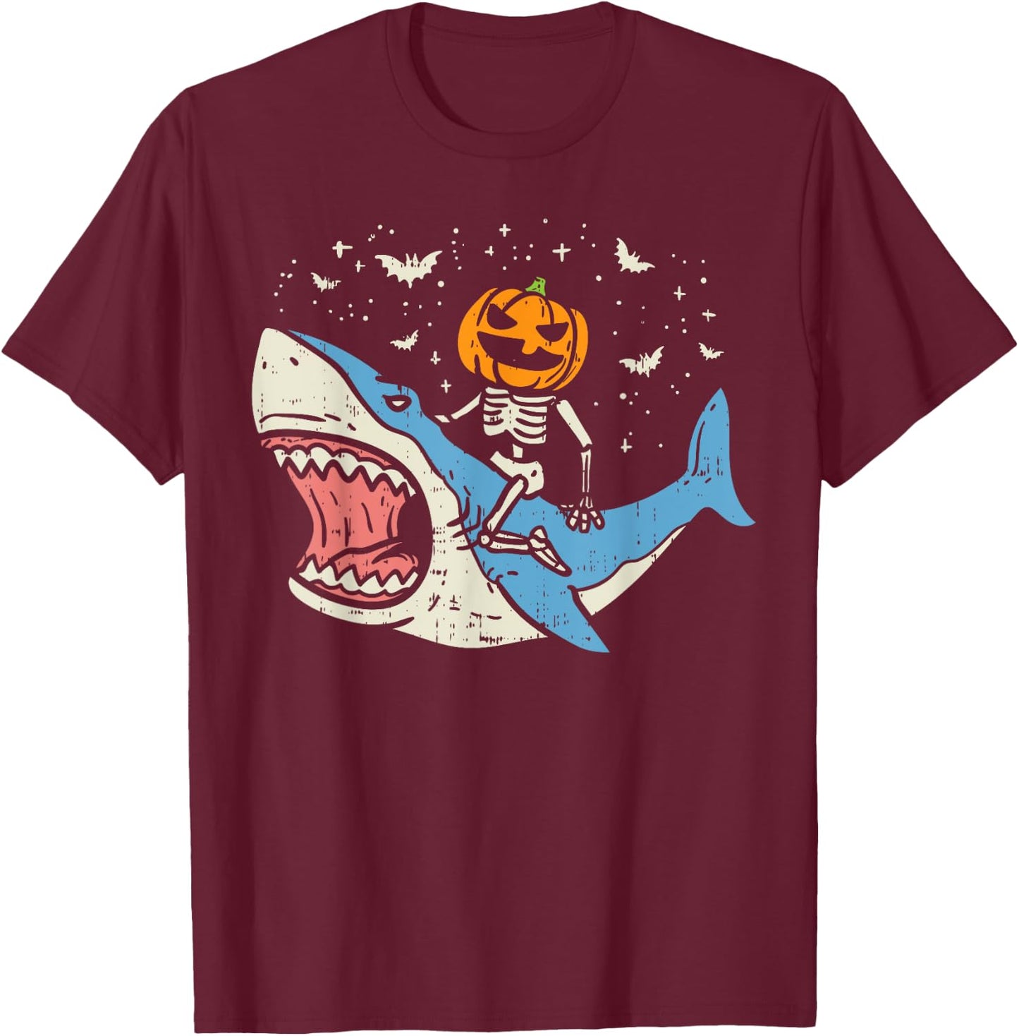 Pumpkin Skeleton Riding Shark Bats Halloween Costume Kids T-Shirt - T-Shirt | Maroon