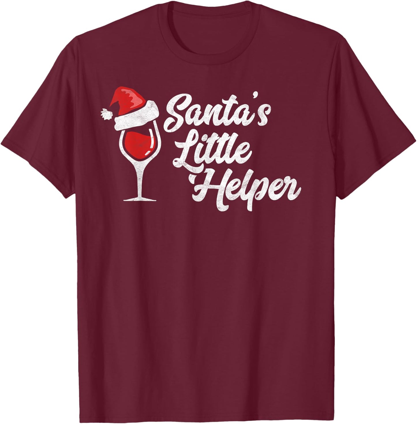 Santa's Little Helper Christmas Wine Glass & Santa Hat Shirt T-Shirt - T-Shirt | Maroon