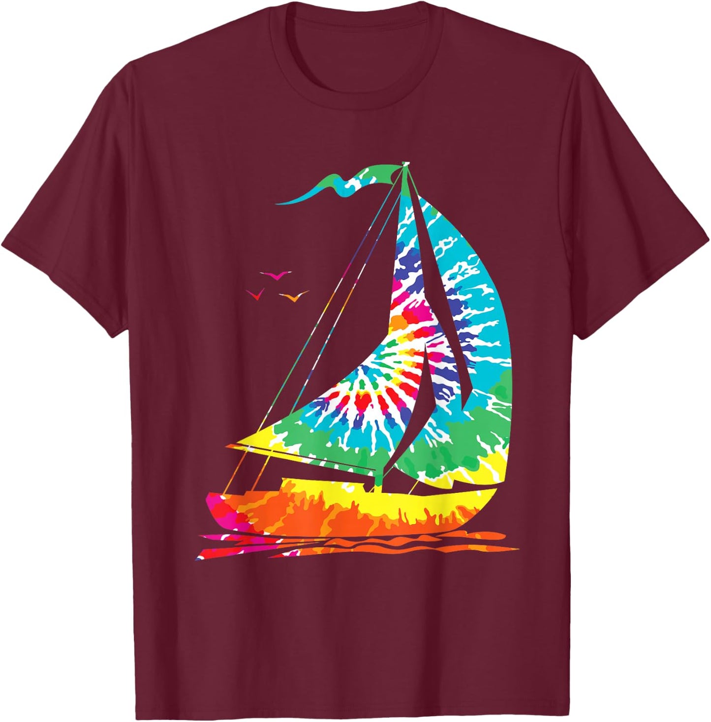 Fun Sailing Hippie Rainbow Tie Dyeing Sailing Boat T-Shirt - T-Shirt | Maroon