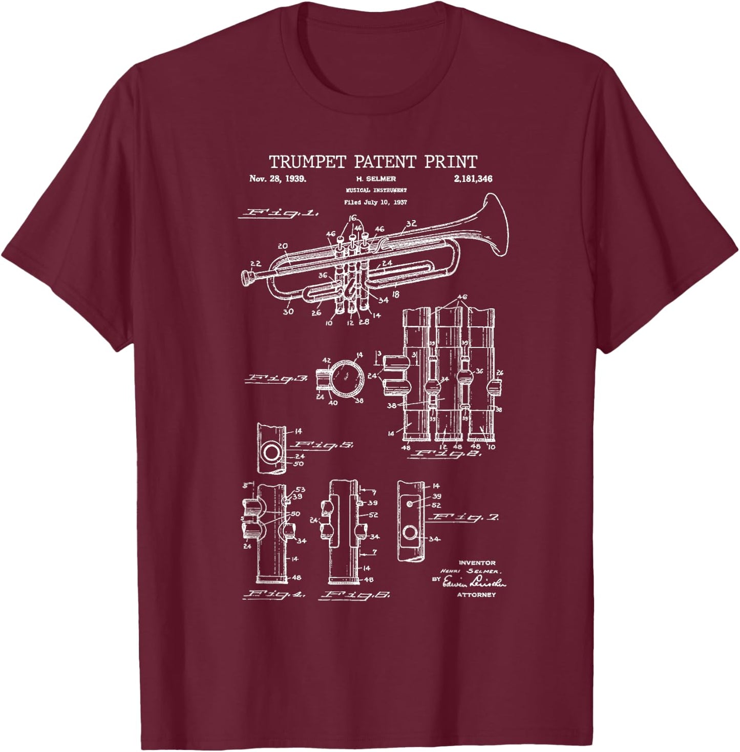 Trumpet Patent Print 1939 - Vintage Patent Music T-Shirt - T-Shirt | Maroon