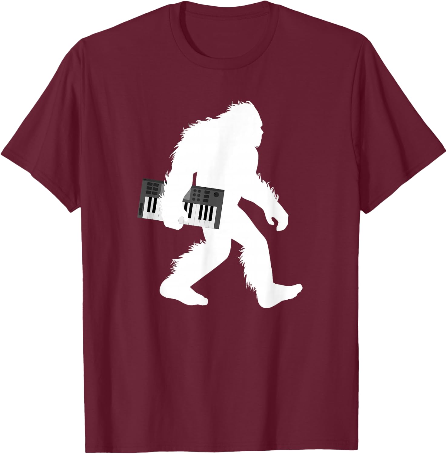 Bigfoot With Piano Shirt, Sasquatch Music Keyboard Gift T-Shirt - T-Shirt | Maroon
