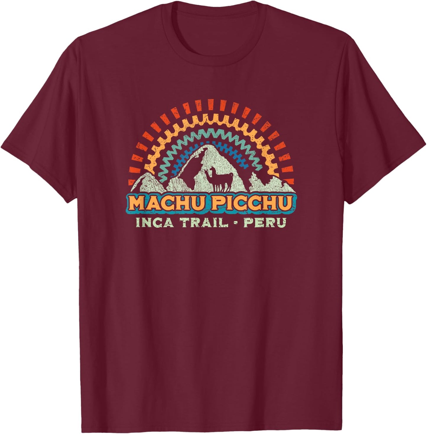 Machu Picchu Retro Llama | Cuzco Peru | Vintage Inca Trail T-Shirt - T-Shirt | Maroon