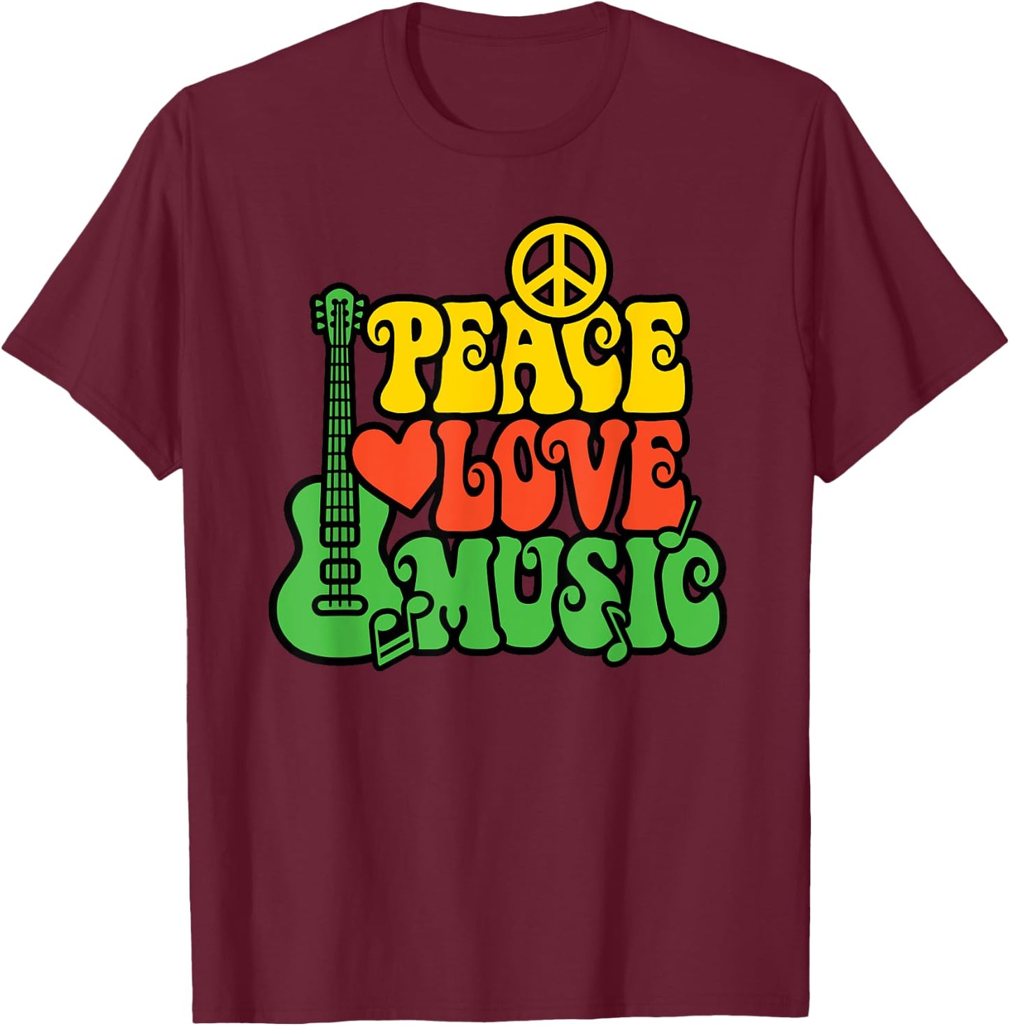 PEACE LOVE MUSIC Reggae Guitar for Everyone T-Shirt - T-Shirt | Maroon