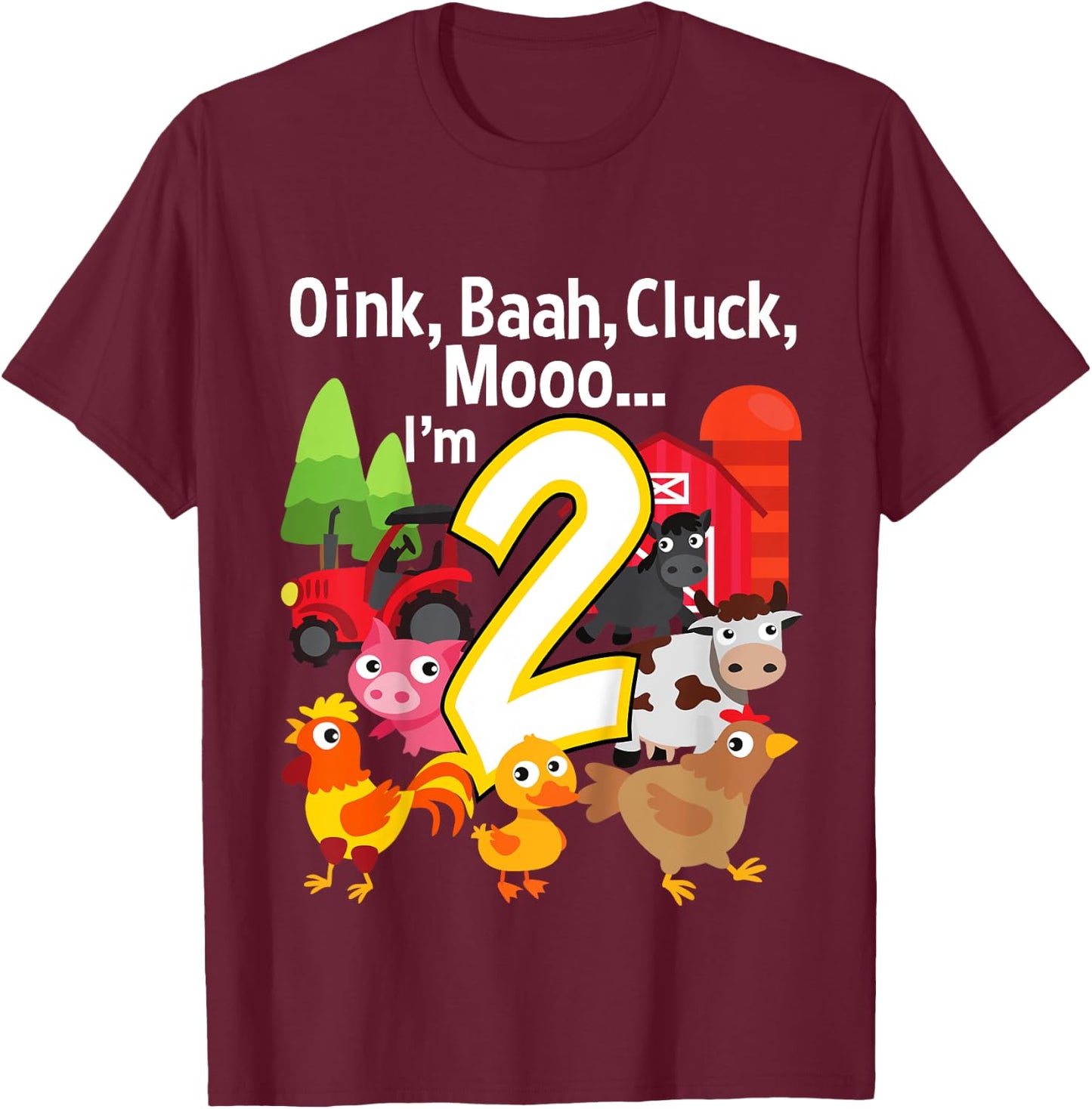 2 Year Old Farm Birthday Party Animal Barn Sounds 2nd Gift T-Shirt - T-Shirt | Maroon