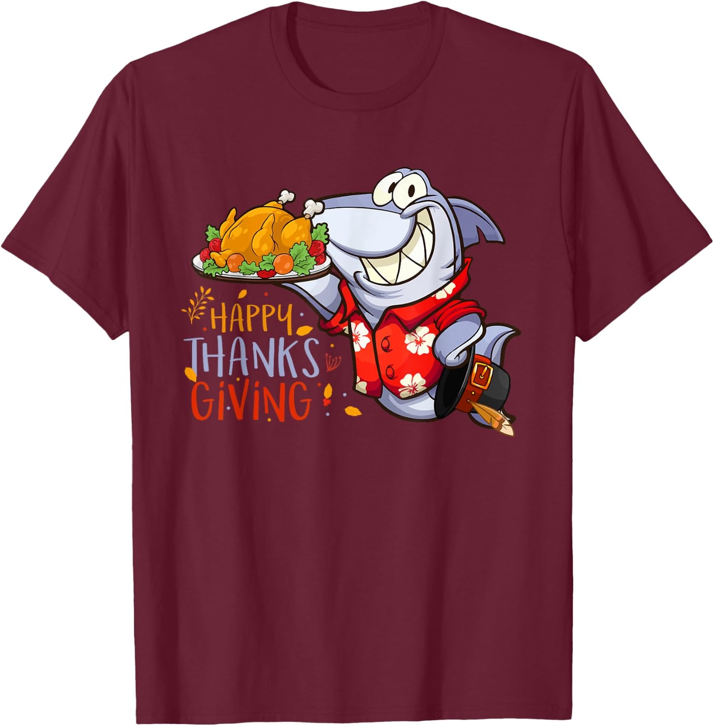 Funny Shark Eat Turkey Happy Thanksgiving Gifts T-Shirt - T-Shirt | Maroon