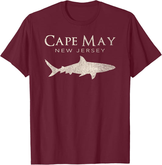 Retro Cape May NJ Shark T-Shirt - T-Shirt | Maroon