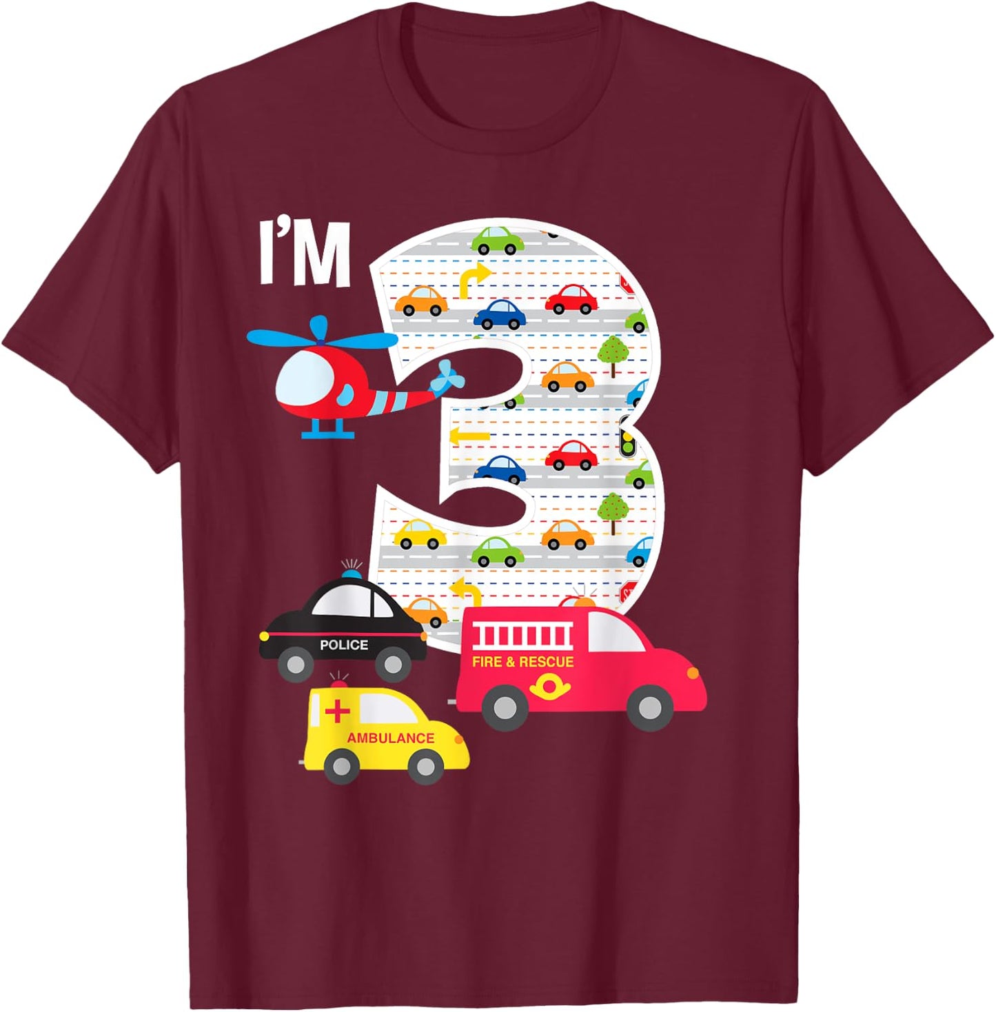3rd Birthday Fire Truck Police Car 3 Year Old Boys T-Shirt - T-Shirt | Maroon