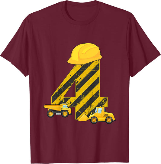 4th Birthday Digger I 4 Years Builder Excavator Gift T-Shirt - T-Shirt | Maroon