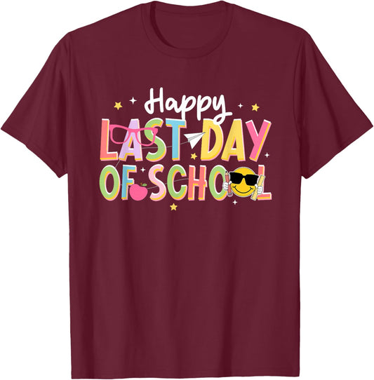 Last-Day of School Smile Face Teacher Student End of Year T-Shirt - T-Shirt | Maroon