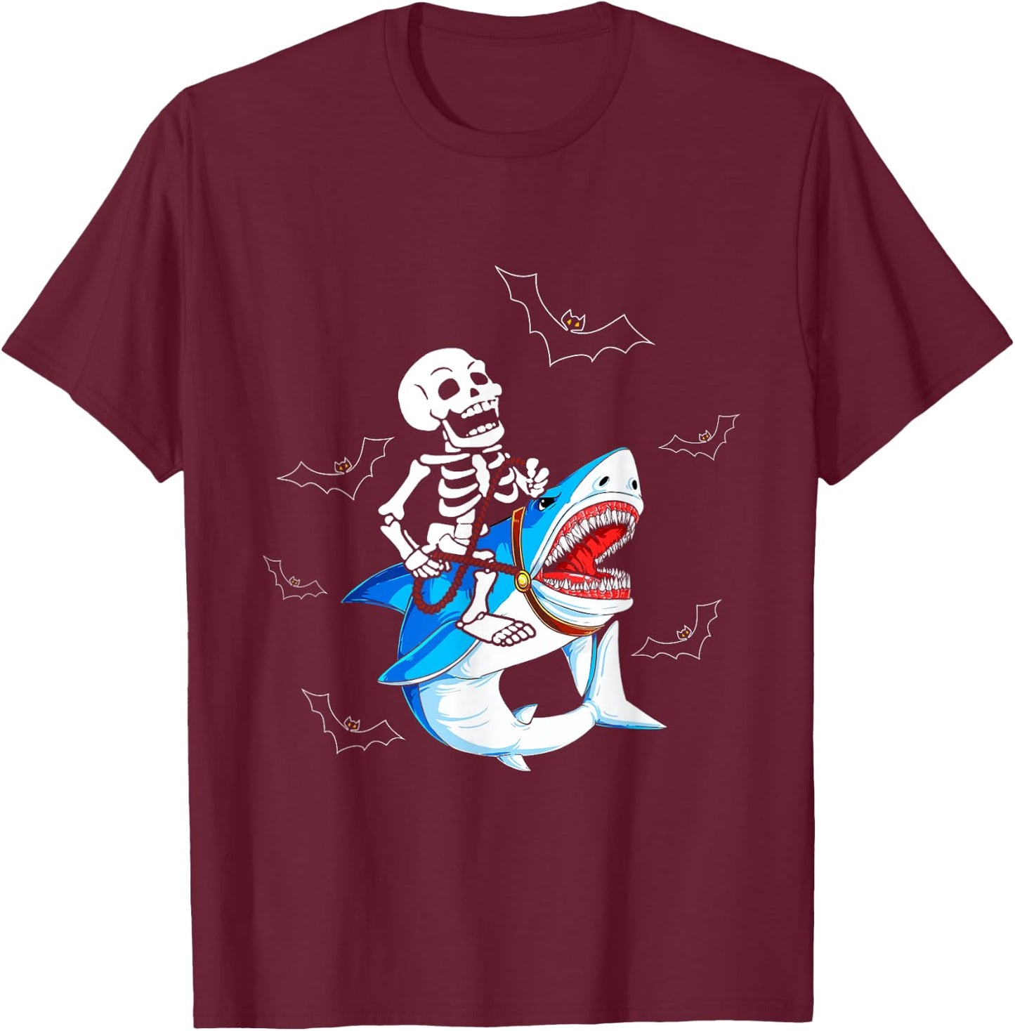 Skeleton Riding Shark Funny Halloween Boys Girls Kids T-Shirt - T-Shirt | Maroon