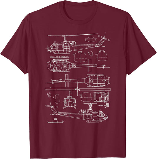 Bell UH-1 Huey Blueprint USA Veteran Military Aircraft Pilot T-Shirt - T-Shirt | Maroon