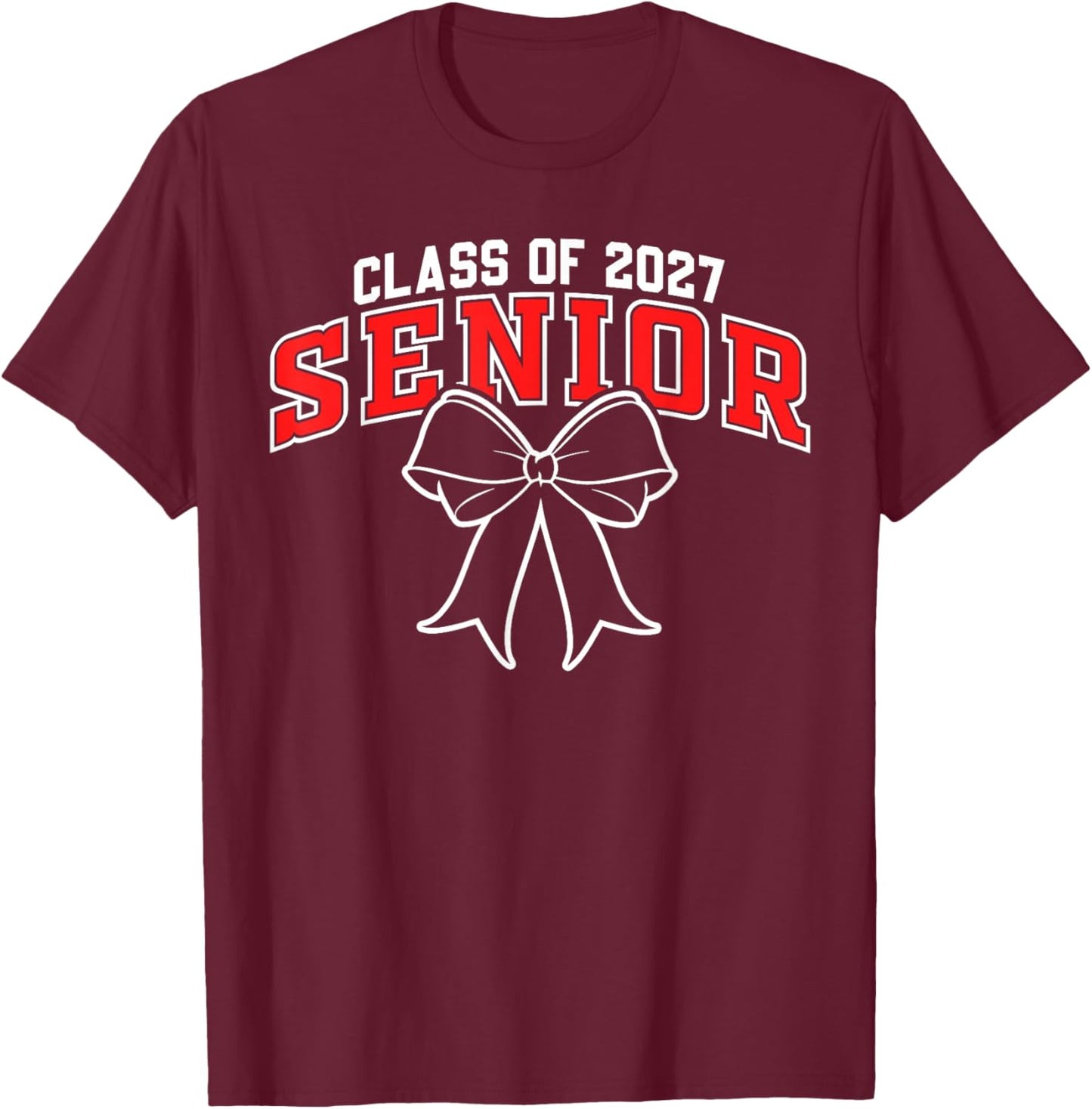Class of 2027 Senior Graduation Black Red Coquette Bow T-Shirt - T-Shirt | Maroon