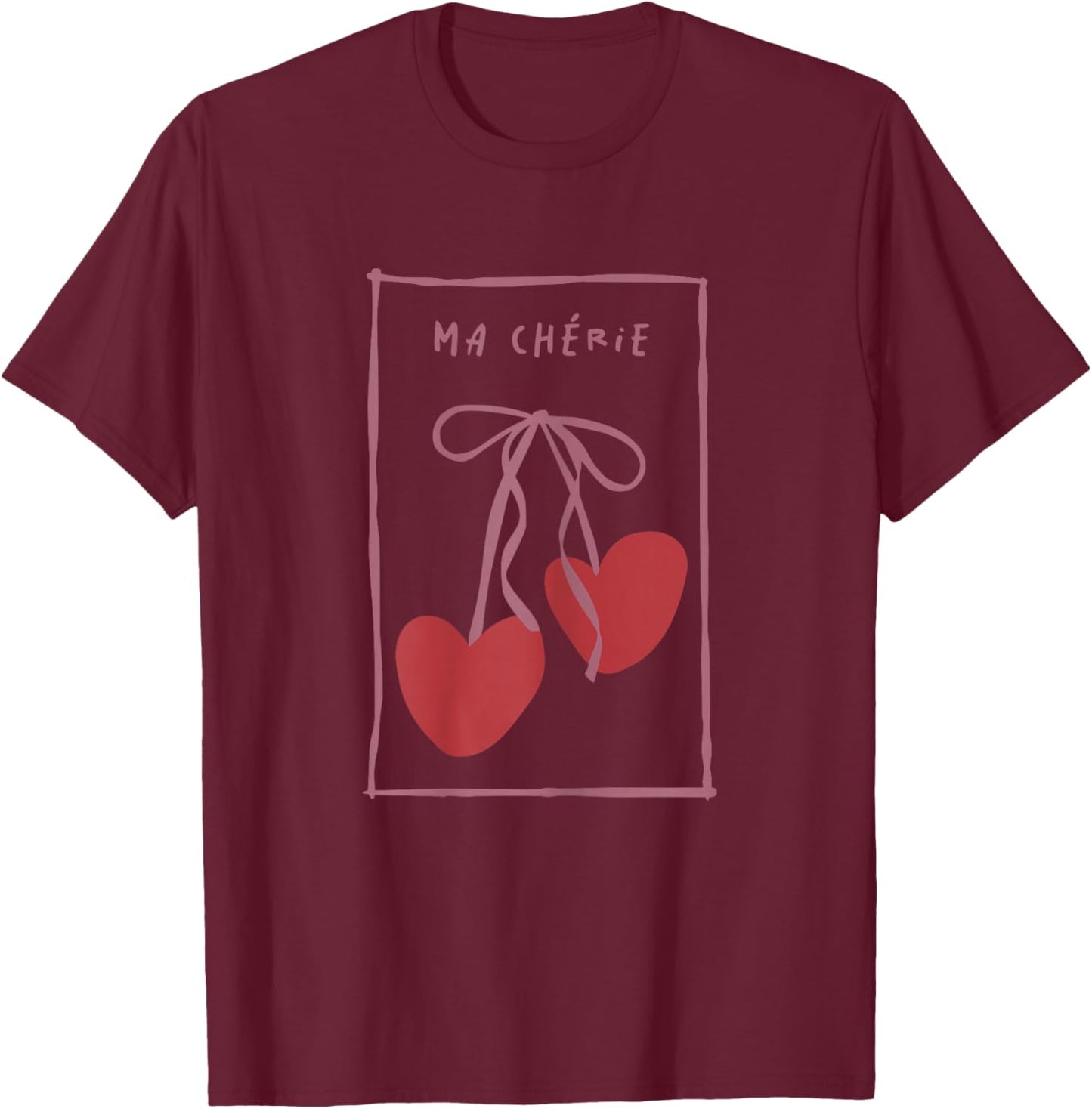 Ma Chérie Cherry Hearts Romantic Coquette Bow Ribbon Retro T-Shirt - T-Shirt | Maroon