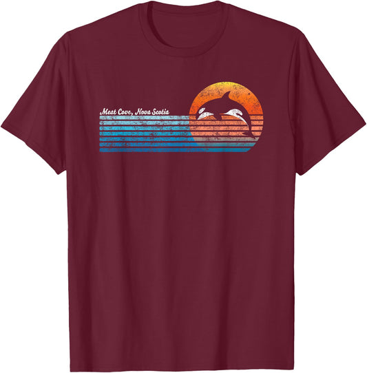 Vintage Meat Cove, Nova Scotia Retro 80s Orka Sunset T-Shirt - T-Shirt | Maroon