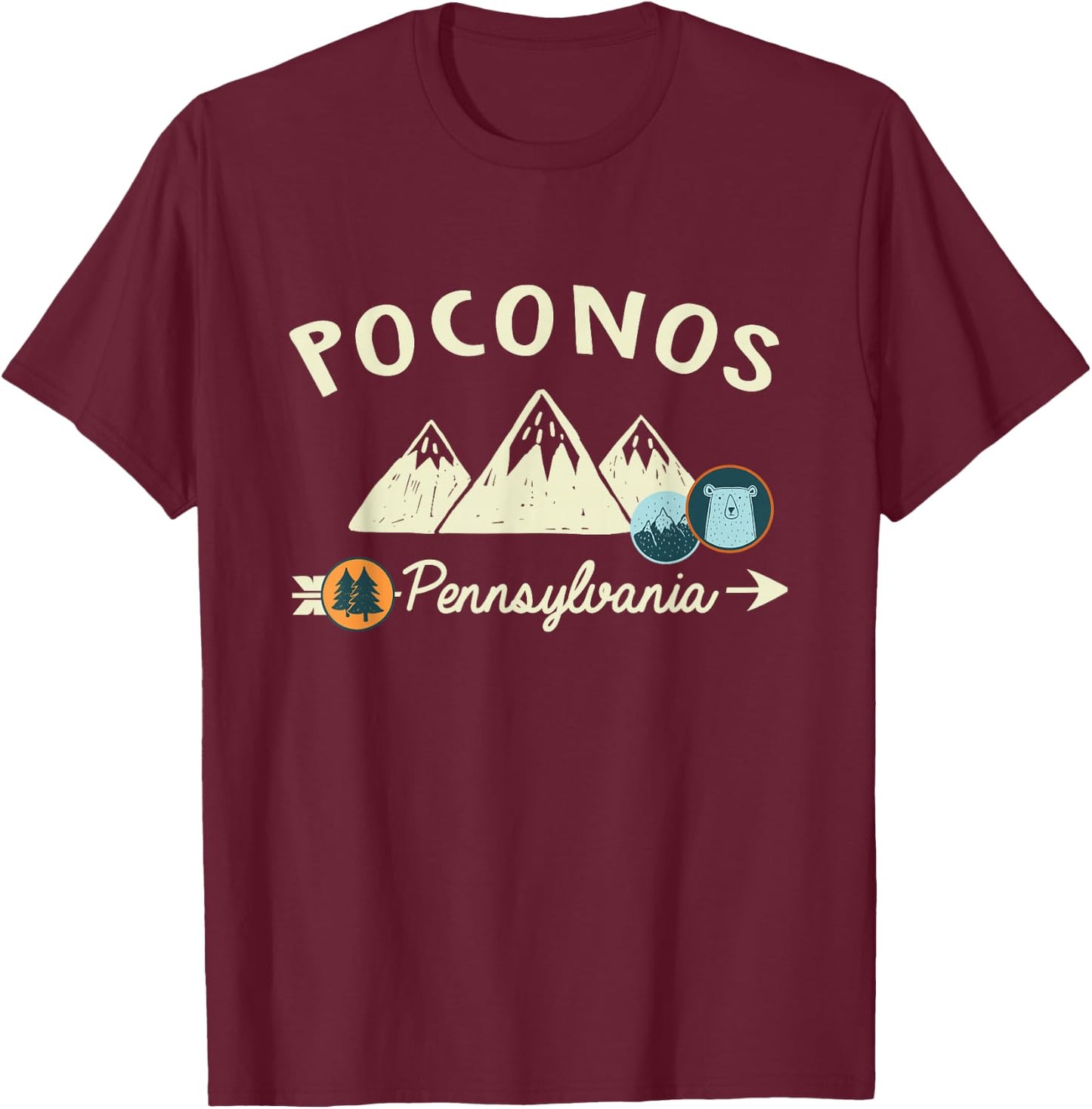 Funny Cartoon Mountain Hiking Patches Poconos Pennsylvania T-Shirt - T-Shirt | Maroon