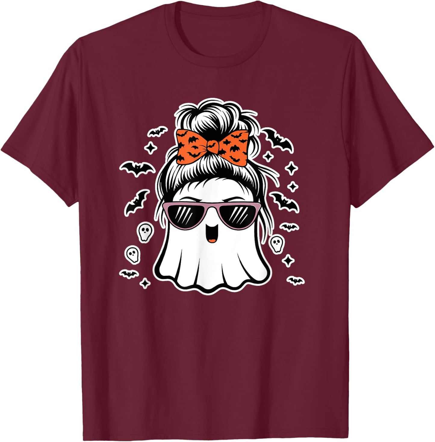 Cute Ghost Messy Bun Mom Halloween Messy Hair Bun Moms Life T-Shirt - T-Shirt | Maroon