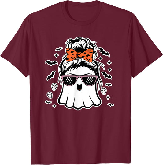 Cute Ghost Messy Bun Mom Halloween Messy Hair Bun Moms Life T-Shirt - T-Shirt | Maroon