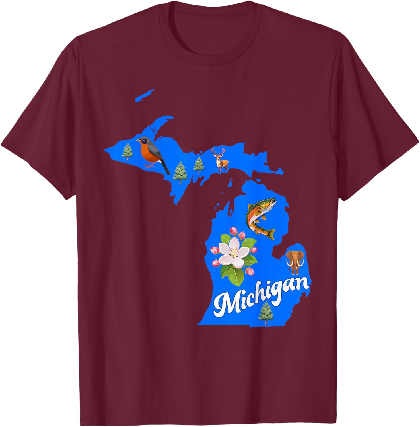 Michigan Map State Symbols Flower Bird Fish T-Shirt - T-Shirt | Maroon