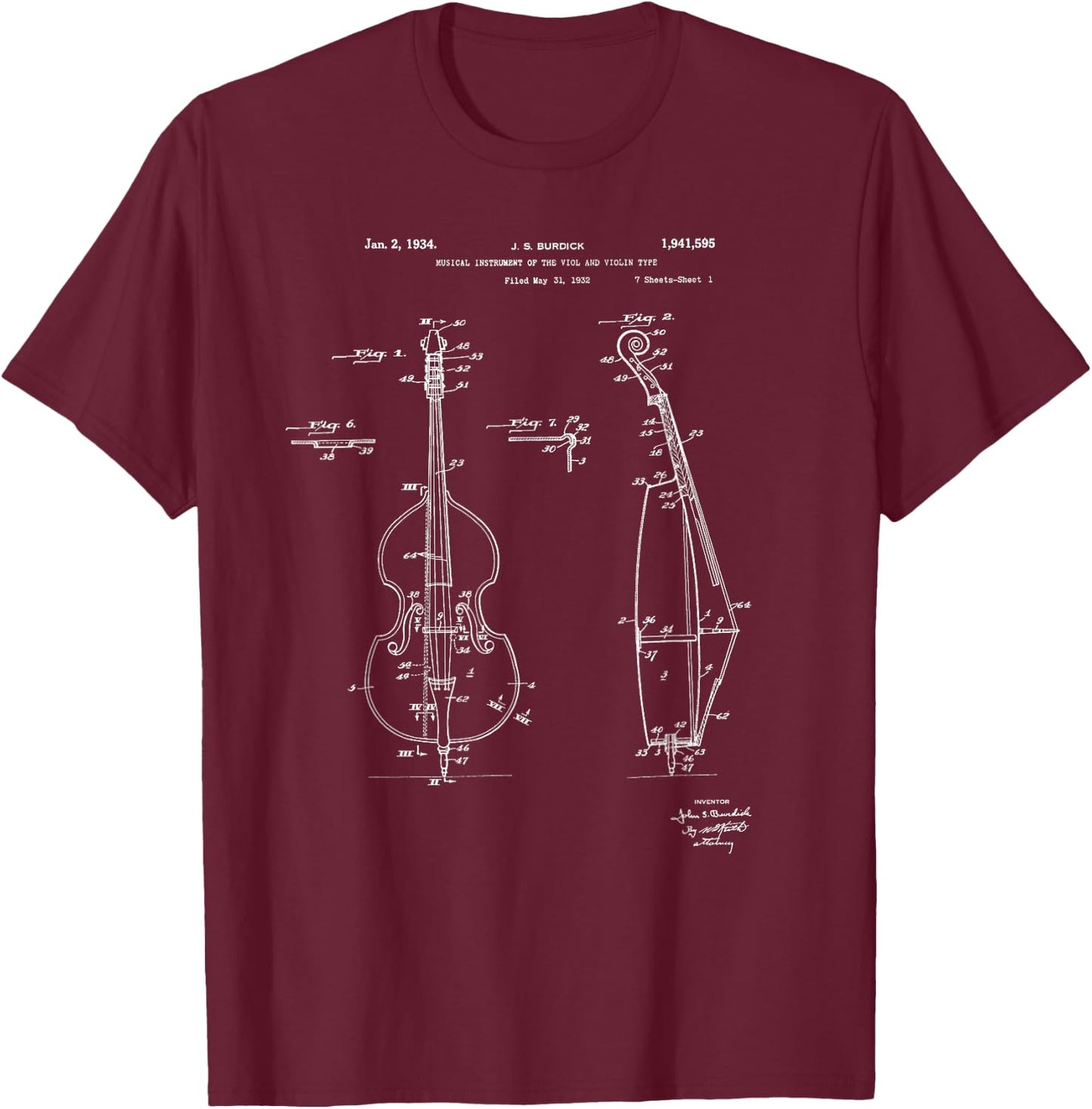 Vintage Patent Print 1934 Double Bass Player T-Shirt - T-Shirt | Maroon