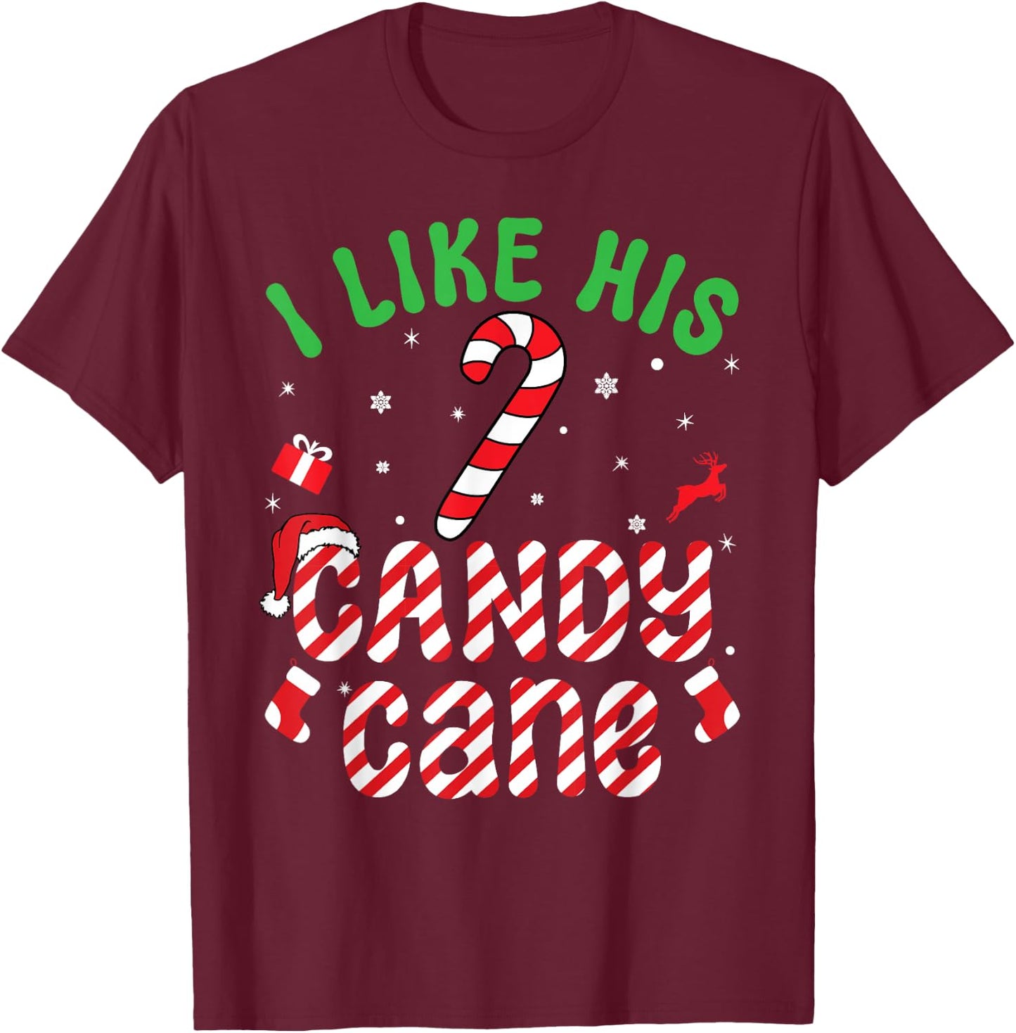I Like His Candy Cane Funny Christmas Couples Matching T-Shirt - T-Shirt | Maroon