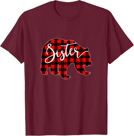 Red Plaid Sister Bear Matching Family Christmas Eve Buffalo T-Shirt - T-Shirt | Maroon