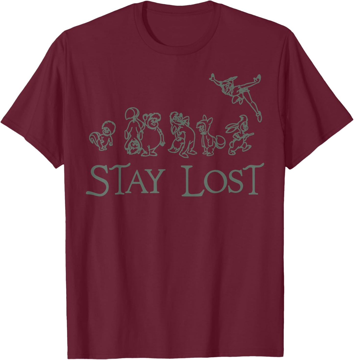 Disney Peter Pan Lost Boys Stay Lost Green Outline T-Shirt - T-Shirt | Maroon