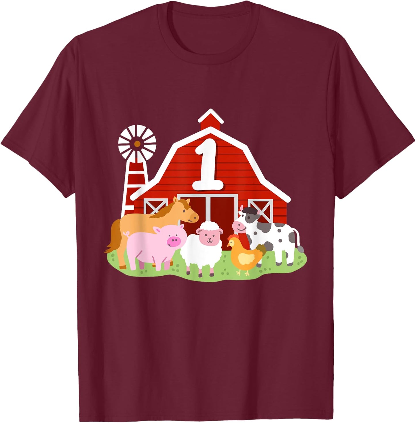 1st Birthday Farm Animals Bday Party 1 Year Old Boy Toddler T-Shirt - T-Shirt | Maroon