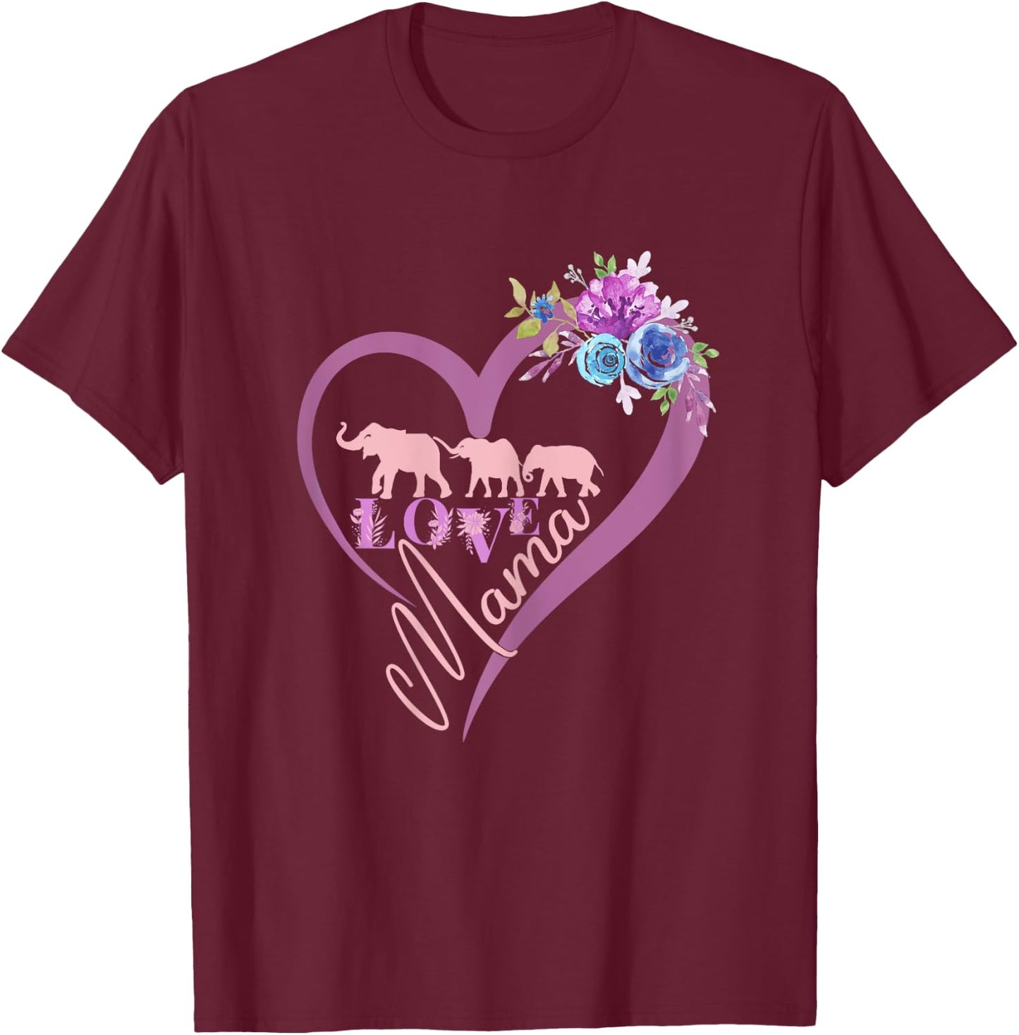 Floral Heart Pink Mama elephant and Two babies Calves T-Shirt - T-Shirt | Maroon