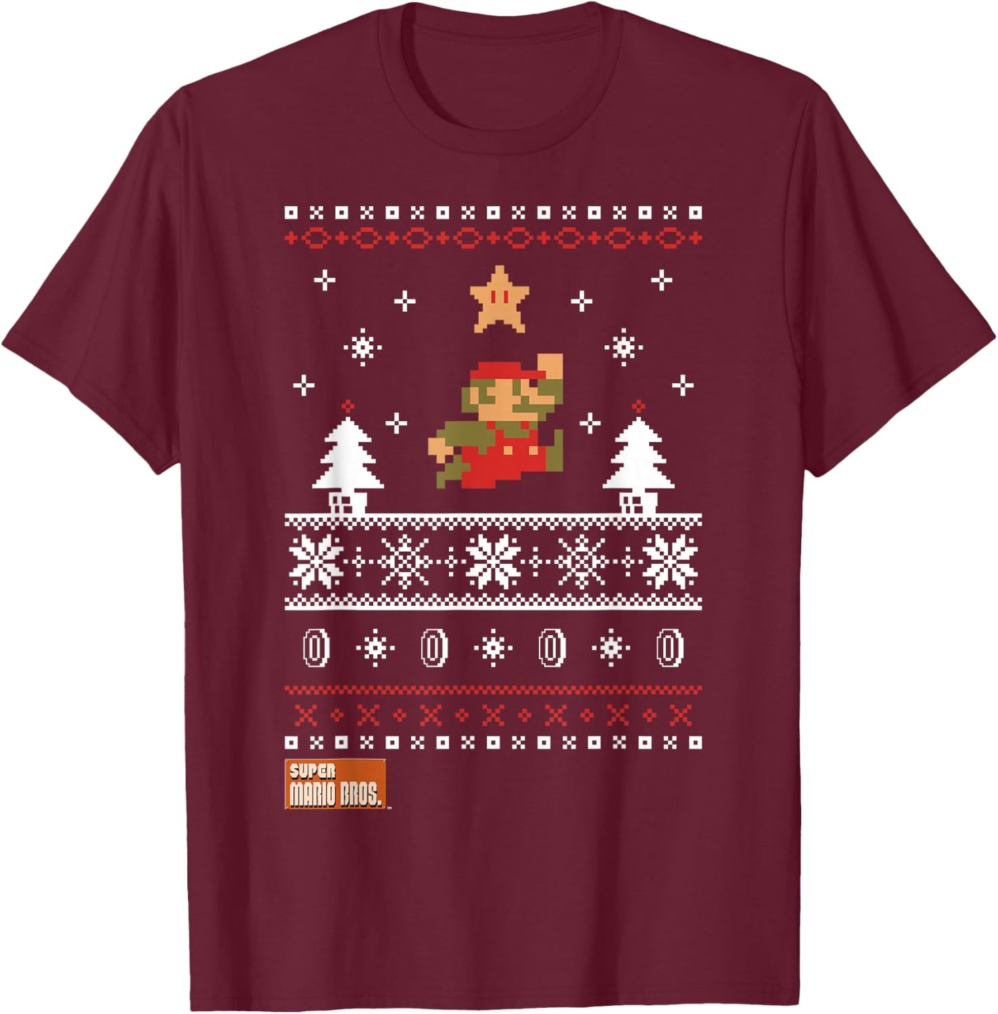 Nintendo Super Mario Christmas Star Pixels Graphic T-Shirt - T-Shirt | Maroon