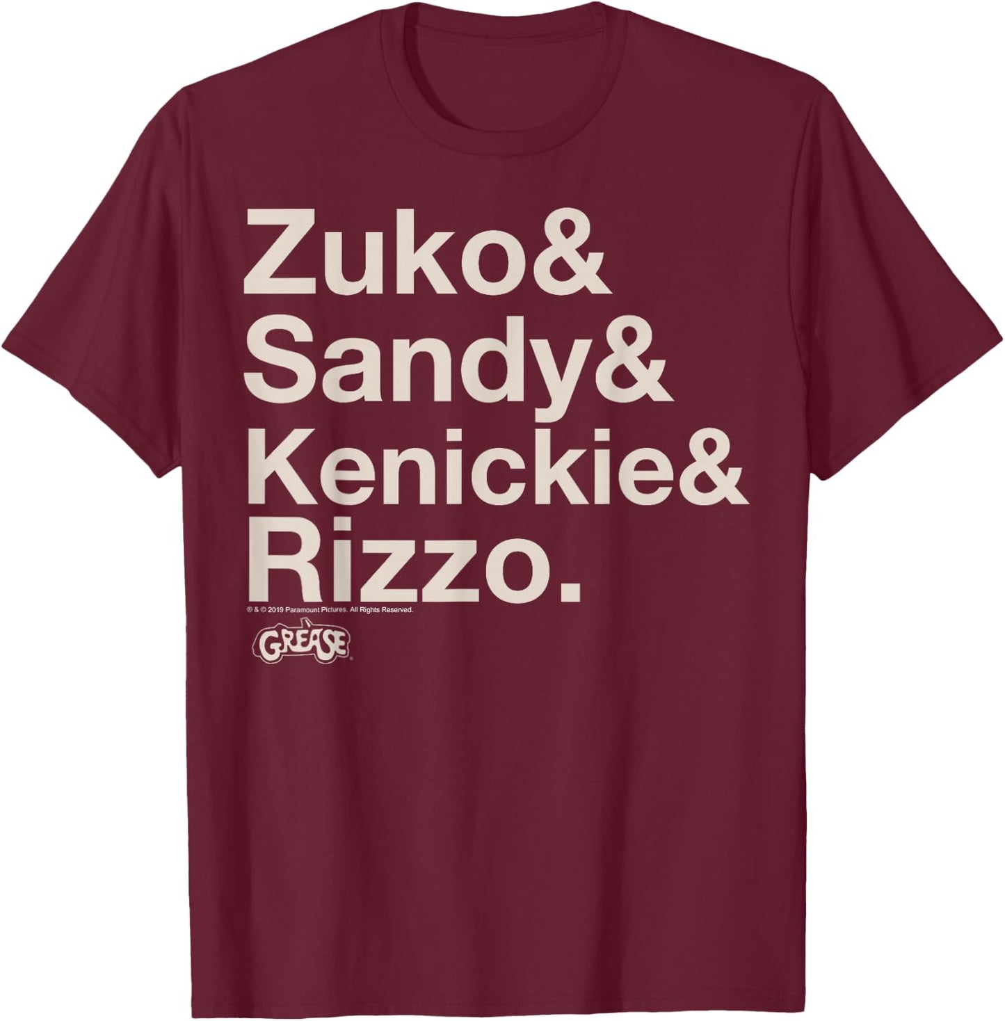 Grease Zuko Sandy Kenickie Rizzo Name Stack T-Shirt - T-Shirt | Maroon