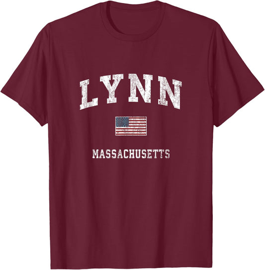 Lynn Massachusetts MA Vintage American Flag Sports Design Women Kids Men T-Shirt - T-Shirt | Maroon