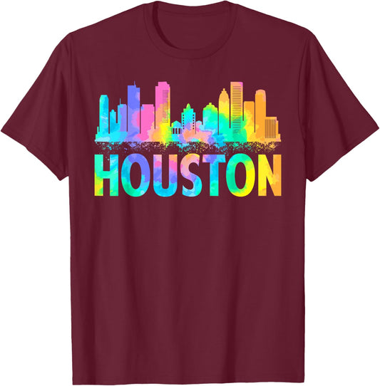 Retro Houston City Tie Dye Happy Texas Independence Day T-Shirt - T-Shirt | Maroon