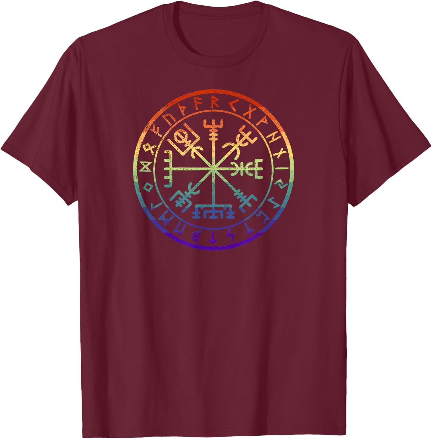Rainbow Gay Pride Norse Viking Rune Compass Vegvisir T-Shirt - T-Shirt | Maroon