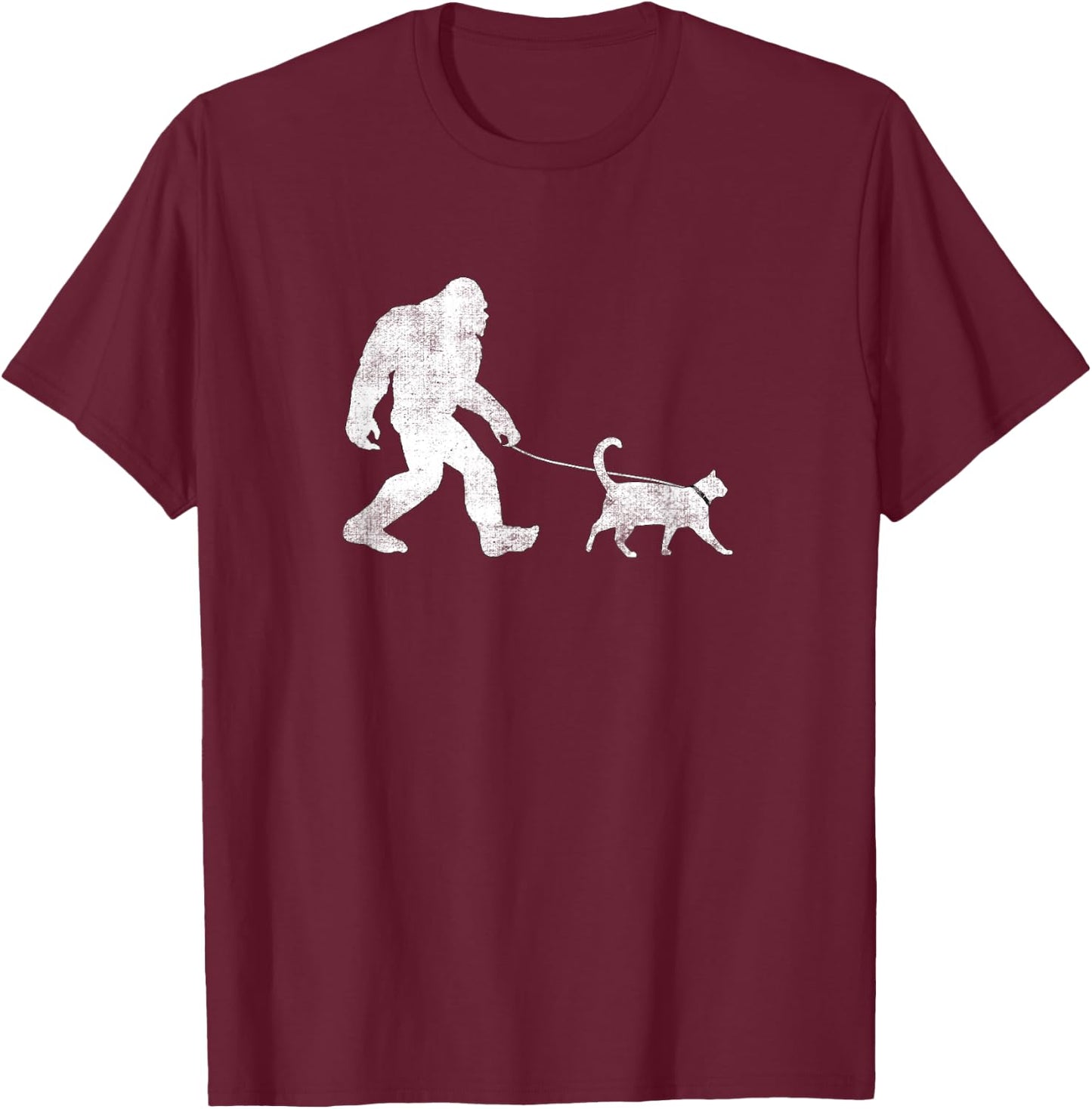 Funny Bigfoot Walking a Cat Sasquatch Yeti Cat T-Shirt - T-Shirt | Maroon