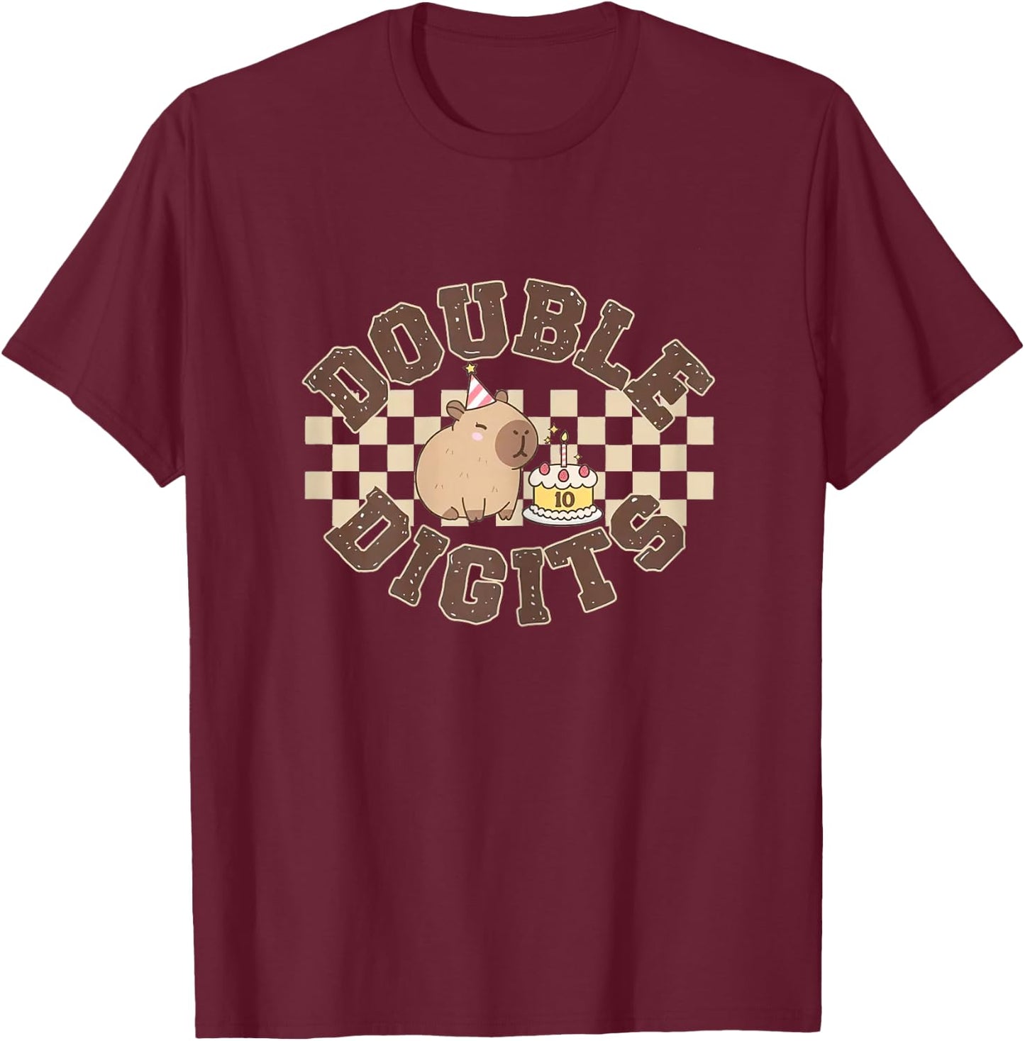 Double Digits 10th Birthday Shirt Capybara Ten Year Old T-Shirt - T-Shirt | Maroon