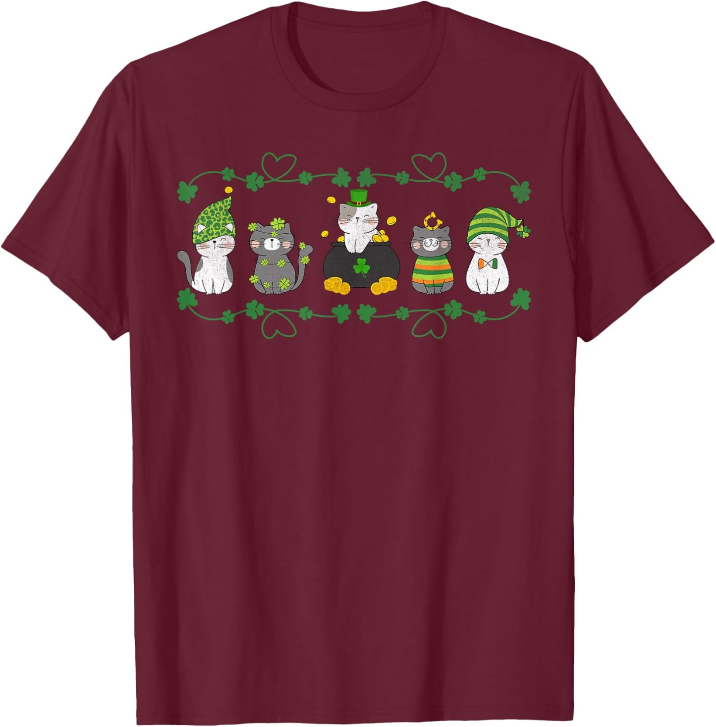 Cute Cats St. Patrick’s Day Clover Design T-Shirt - T-Shirt | Maroon