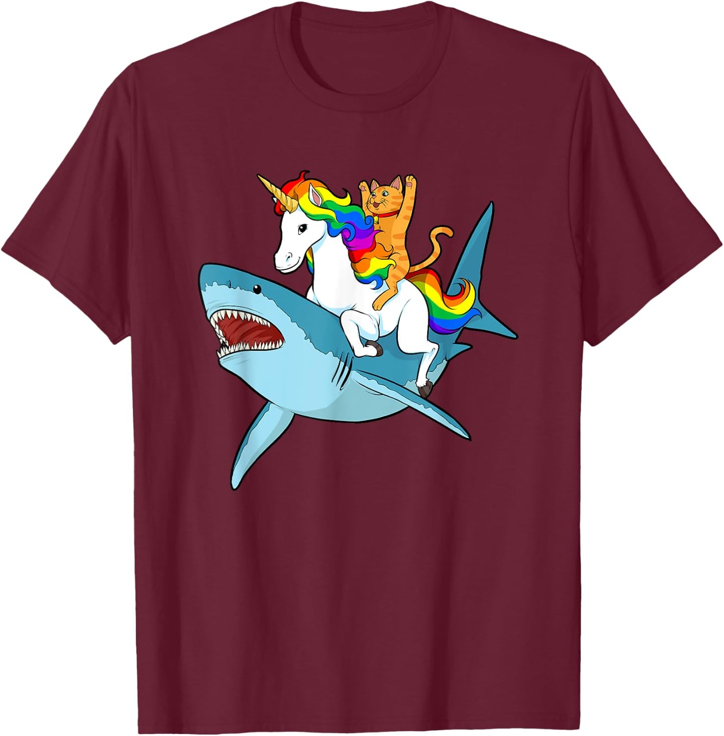 Cat Riding Unicorn Riding Shark Design T-Shirt - T-Shirt | Maroon
