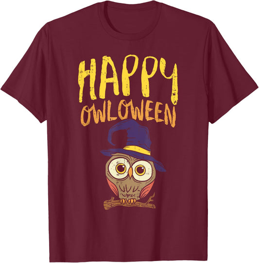 Funny Halloween Shirt Happy Owloween Owl Lover Bird Costume T-Shirt - T-Shirt | Maroon