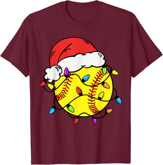 Softball Santa Claus Hat Christmas Light Softball Girls Kids T-Shirt - T-Shirt | Maroon