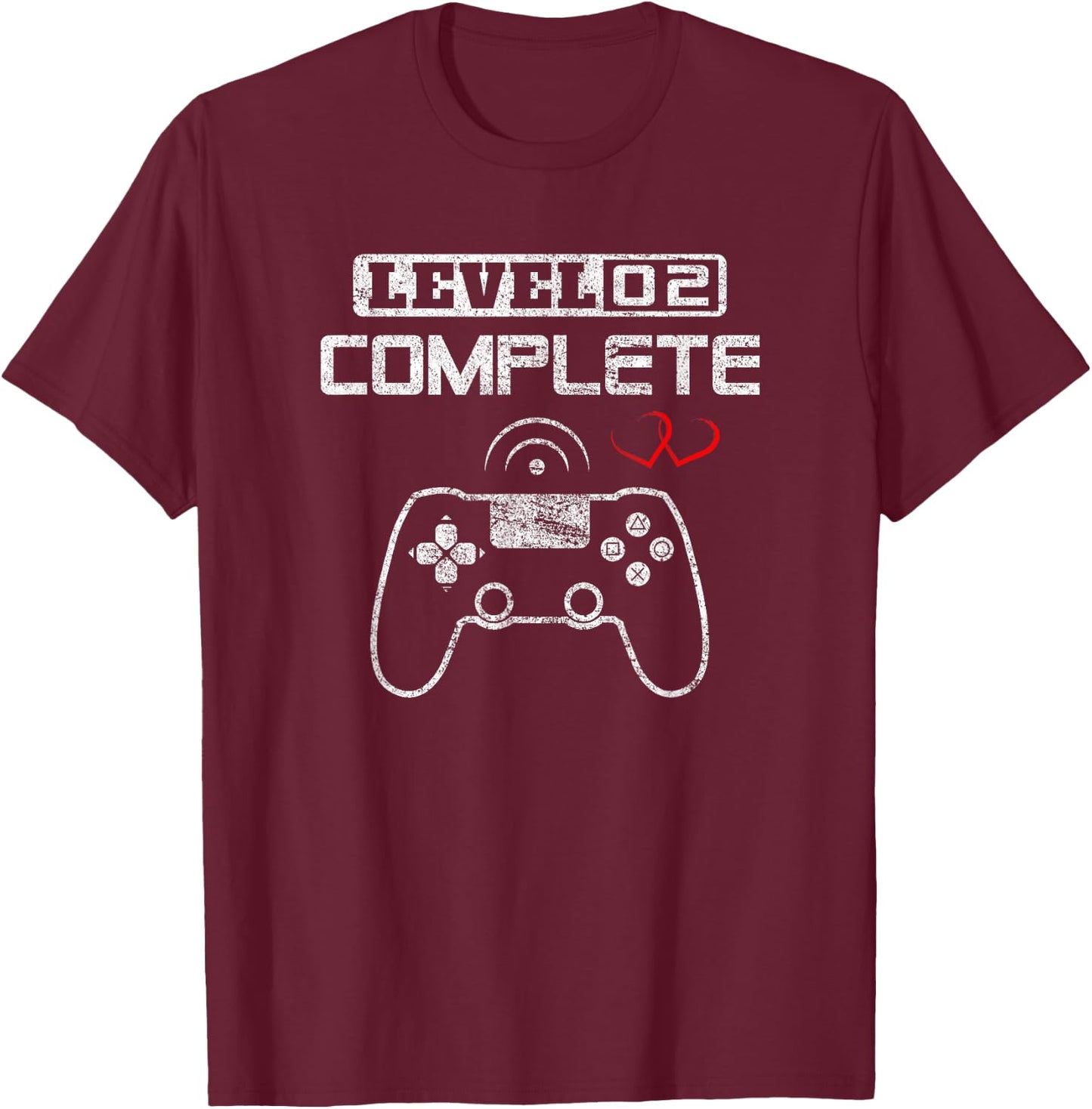 Level 2 Complete 2nd Wedding Anniversary Video Gamer Him Her T-Shirt - T-Shirt | Maroon