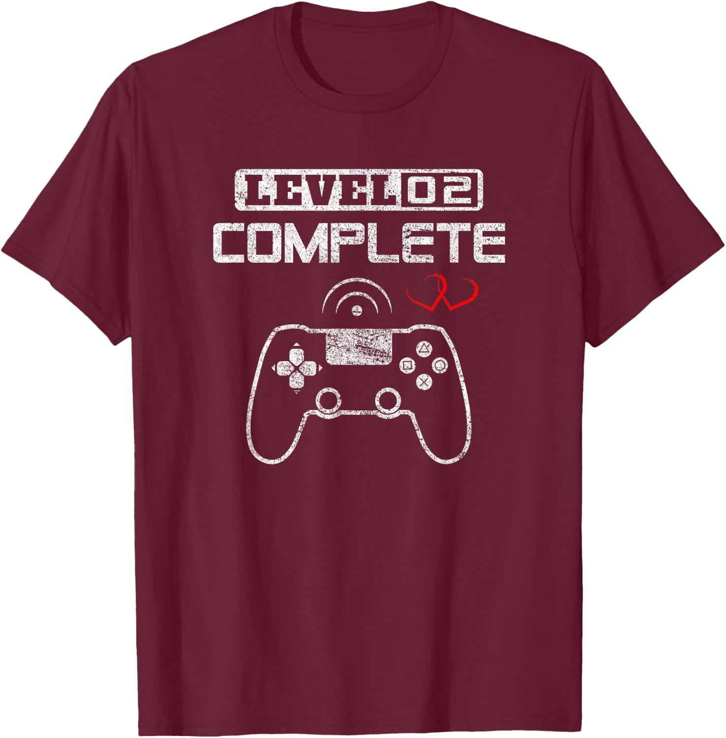 Level 2 Complete 2nd Wedding Anniversary Video Gamer Him Her T-Shirt - T-Shirt | Maroon