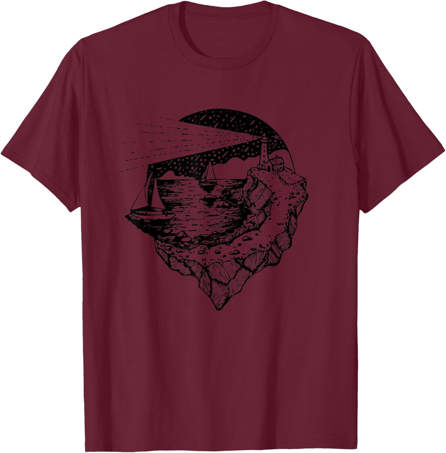 Sea, Sail and Lighthouse - Wild Nature Adventure Sailing T-Shirt - T-Shirt | Maroon