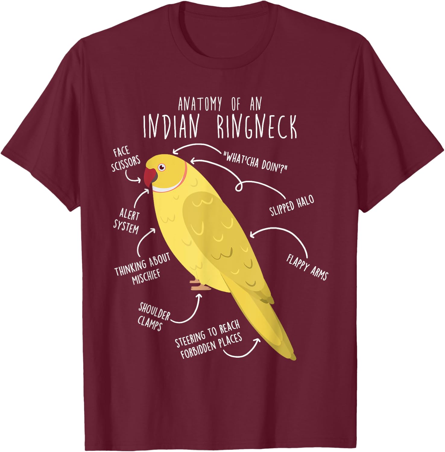 Indian Ringneck Parrot Anatomy Funny Pet Lutino Yellow Bird T-Shirt - T-Shirt | Maroon