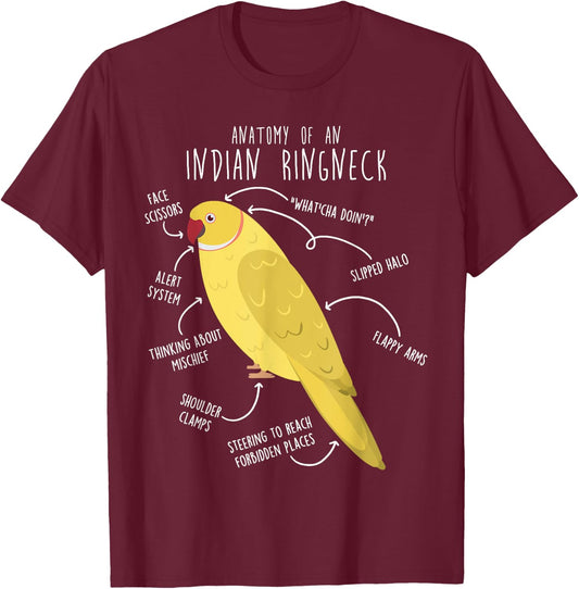 Indian Ringneck Parrot Anatomy Funny Pet Lutino Yellow Bird T-Shirt - T-Shirt | Maroon