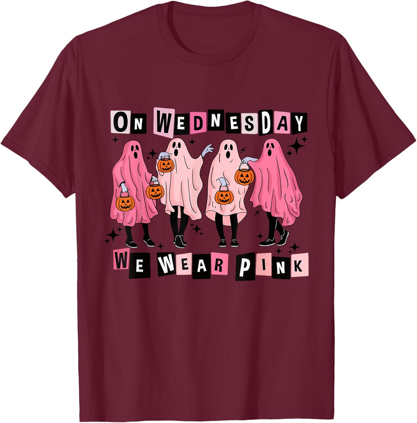 On Wednesday We Wear Cute Pink Ghost Halloween T-Shirt - T-Shirt | Maroon