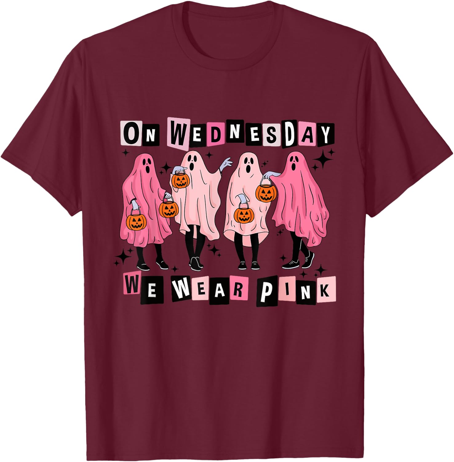 On Wednesday We Wear Cute Pink Ghost Halloween T-Shirt - T-Shirt | Maroon