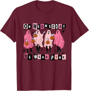 On Wednesday We Wear Cute Pink Ghost Halloween T-Shirt - T-Shirt | Maroon