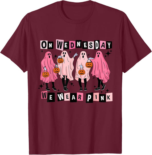 On Wednesday We Wear Cute Pink Ghost Halloween T-Shirt - T-Shirt | Maroon